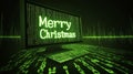 Modern computer screen displays Merry Christmas in neon binary code within a high-tech festive setting adorned with LED Royalty Free Stock Photo