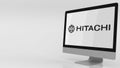 Modern computer screen with Hitachi logo. Editorial 3D rendering Royalty Free Stock Photo