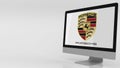 Modern computer screen with Porsche logo. Editorial 3D rendering