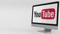 Modern computer screen with Youtube logo. Editorial 3D rendering