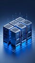 Modern computer server racks glowing with blue lights connected by a digital network Royalty Free Stock Photo