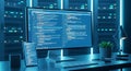 Modern computer setup coding in a neon blue futuristic office Royalty Free Stock Photo