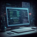 A modern computer setup displays lines of code on a large monitor, alongside a Royalty Free Stock Photo
