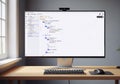 A modern computer setup features a large monitor displaying programming code in an IDE. The monitor Royalty Free Stock Photo