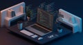 Modern computer setup featuring a laptop displaying code with colorful syntax Royalty Free Stock Photo