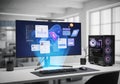 Modern computer setup featuring a large monitor displaying a futuristic interface with Royalty Free Stock Photo