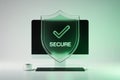 Modern computer setup featuring a secure shield symbolizing digital protection in a serene workspace Royalty Free Stock Photo