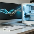 Modern computer setup featuring a sleek desktop monitor displaying a smooth wave Royalty Free Stock Photo