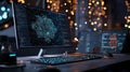 Modern computer setup with glowing keyboard and intricate data visualization on screen ideal for technology and workspace themes Royalty Free Stock Photo