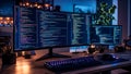Modern computer setup showcasing code on dual monitors illuminated with ambient lighting Royalty Free Stock Photo