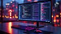 Vibrant Coding Workspace with City Lights Background Royalty Free Stock Photo