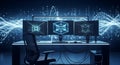 Modern computer setup with three monitors displaying abstract geometric data visualizations in a blue glowing environment with Royalty Free Stock Photo