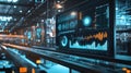 Futuristic control panel monitoring production line in a smart factory