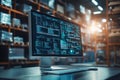 Monitoring data flow on a sleek computer in a warehouse during late evening hours. Generative AI Royalty Free Stock Photo