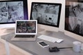 Modern computers with video broadcasting from security cameras at guard`s workplace Royalty Free Stock Photo