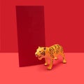 Modern concept of Chinese tiger zodiac new year celebration with red card beside. Red background behind