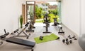 Modern concept of green nature eco style gym. Front view of stylish training room interior with open air garden window