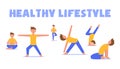 The modern concept of a healthy lifestyle. A set of boys in sportswear doing a variety of sports exercises on the background of