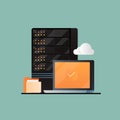 Web hosting, cloud computing, server hosting, online file archive concept. Flat design web banner. Royalty Free Stock Photo