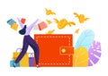 Modern concept money overspend, woman character shopaholic cheerful overconsumption spend cash flat vector illustration Royalty Free Stock Photo