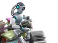 modern concept of piece intelligence robot is reading books sitting on a pile of books3d render on white Royalty Free Stock Photo