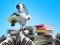modern concept of piece intelligence robot is reading books sitting on a pile of books3d render on blue Royalty Free Stock Photo