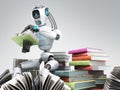 modern concept of piece intelligence robot is reading books sitting on a pile of books3d render on grey Royalty Free Stock Photo