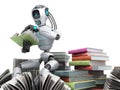 modern concept of piece intelligence robot is reading books sitting on a pile of books3d render on white Royalty Free Stock Photo
