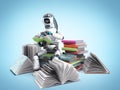 Modern concept of piece intelligence robot is reading books sitting on a pile of books3d render on blue gradient Royalty Free Stock Photo