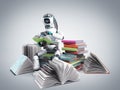 Modern concept of piece intelligence robot is reading books sitting on a pile of books3d render on grey gradient