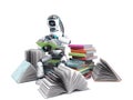 Modern concept of piece intelligence robot is reading books sitting on a pile of books3d render on white no shadow Royalty Free Stock Photo