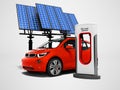 Modern concept red electro car at electric refueling with solar Royalty Free Stock Photo