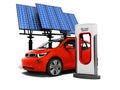 Modern concept red electro car at electric refueling with solar Royalty Free Stock Photo