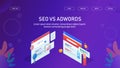 Comparison between search engine optimization and adwords ppc marketing concept.