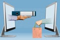 Modern concept, two hands from laptops. folder and hand with shopping bag. 3d illustration