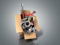 modern concept of vehicle maintenance automotive supplies delivery car parts in open box 3d render on a grey background