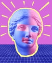 Modern conceptual art poster with blue purple colorful antique Venus bust. Contemporary art collage.