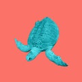 Modern conceptual art poster with sea green turtle isolated on a coral color background.
