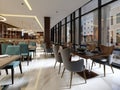 The modern conceptual interior design of the restaurant is in contemporary style with classic elements