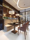 The modern conceptual interior design of the restaurant is in contemporary style with classic elements