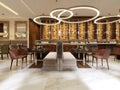 The modern conceptual interior design of the restaurant is in contemporary style with classic elements