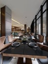 The modern conceptual interior design of the restaurant is in contemporary style with classic elements