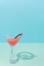 .Modern conceptual setting of still life. Fish in a cocktail. Pastel blue background in two shades