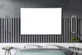 Modern concrete bedroom interior with close up of bed, empty white mock up poster on decorative wall and other items. Design and Royalty Free Stock Photo