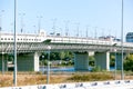 Modern concrete bridge over the river industrial landscape