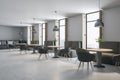 Modern concrete cafe interior with furniture and bright city view. Dine in concept.