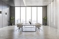 Modern concrete conference room interior with furniture and window with window and city view. Design and workplace concept. 3D Royalty Free Stock Photo