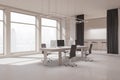 Modern concrete coworking office interior with curtains. Workplace concept. Royalty Free Stock Photo
