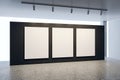 Modern concrete gallery interior with clean white mock up frames on black wall. Art and display concept. Royalty Free Stock Photo