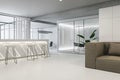 Modern concrete and glass office interior. Commercial workplace, law and legal concept.